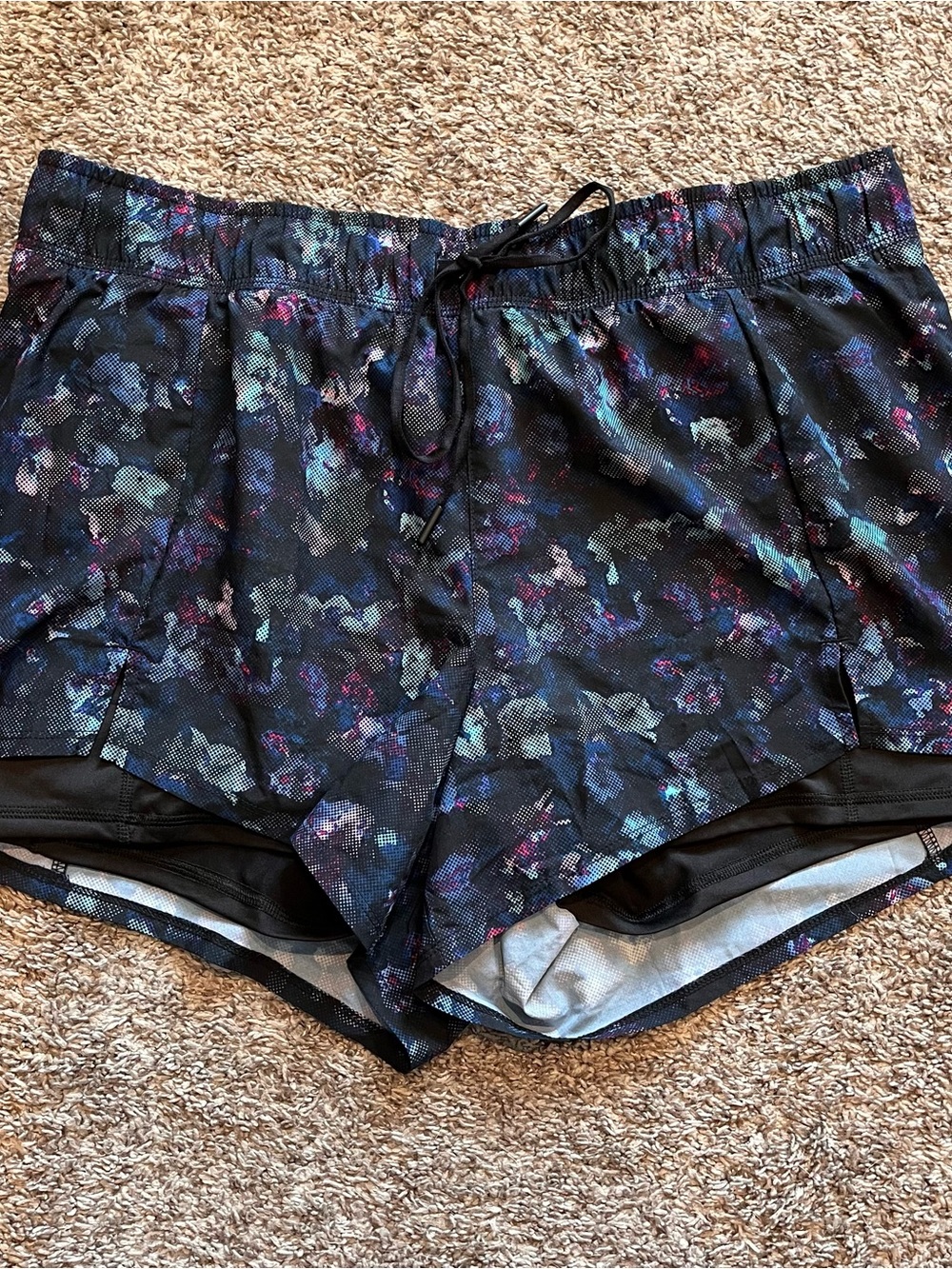 Avia Black Floral-Print Athletic Shorts with Built-In Liner